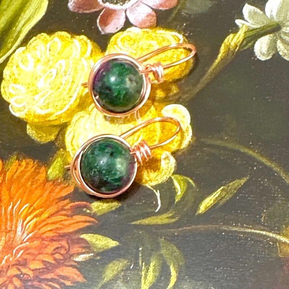 Zoisite Ruby dangle spheres rose gold long earrings/Gemini grounding stone - Picture 6 of 7